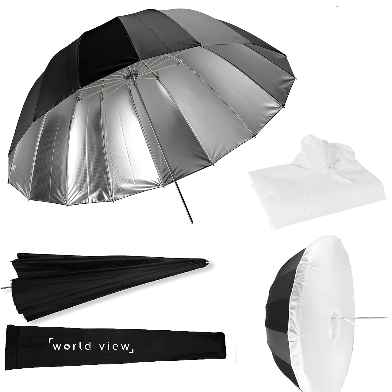 Sombrinha Parabólica Deep Preto Refletiva Prata 16 Varetas com Difusor Branco (85cm)