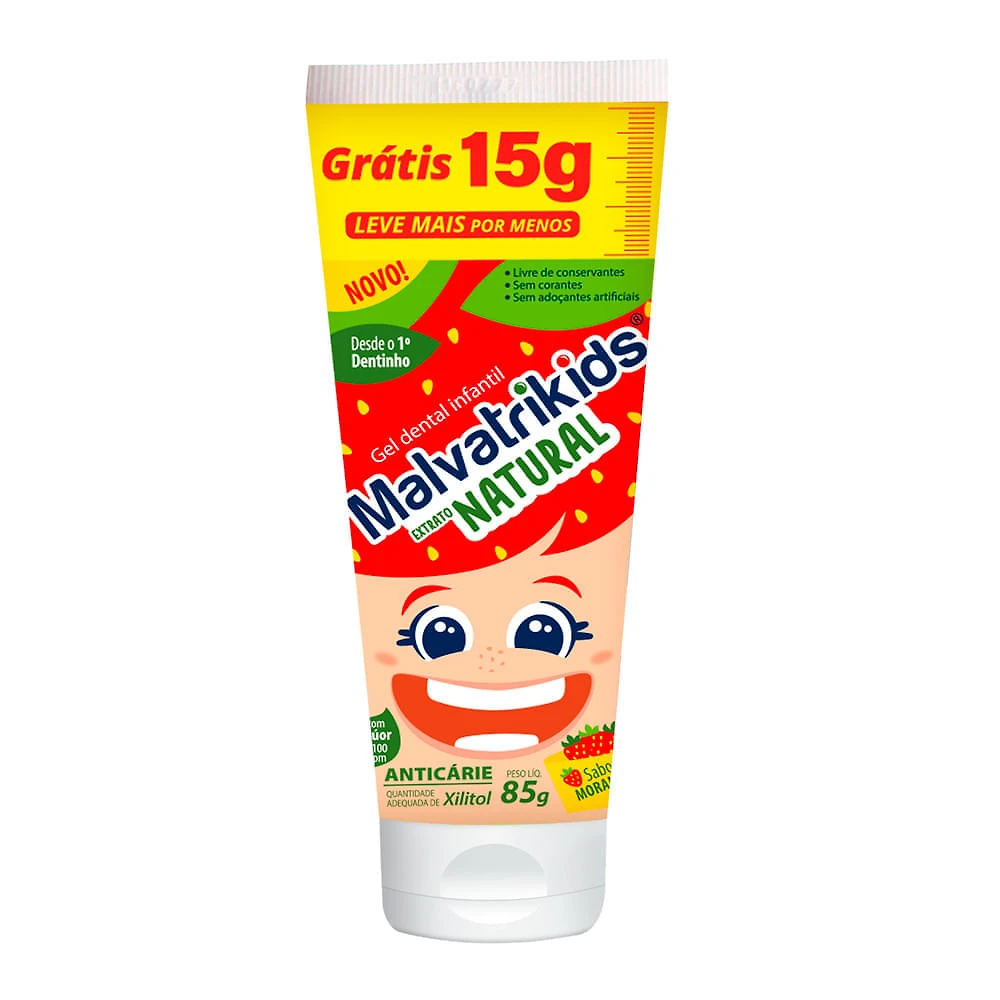 Gel Dental Malvatrikids Kids Extrato Natural com Flúor Sabor Morango Anticárie 85g Ganhe 15g