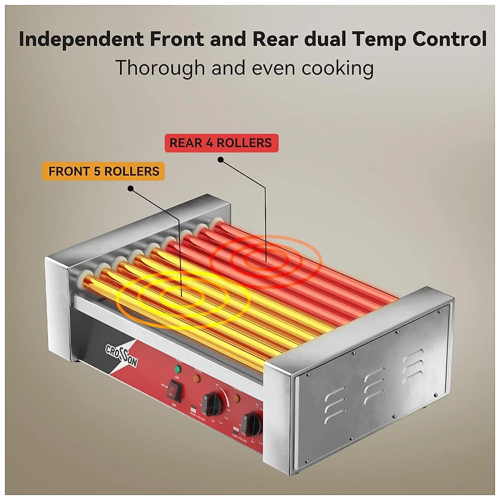 Máquina de Cozinhar Salsichas CROSSON Hot Dog com 9 Rolos de Aço Inoxidável 304 Antiaderentes e Controle de Temperatura Duplo,