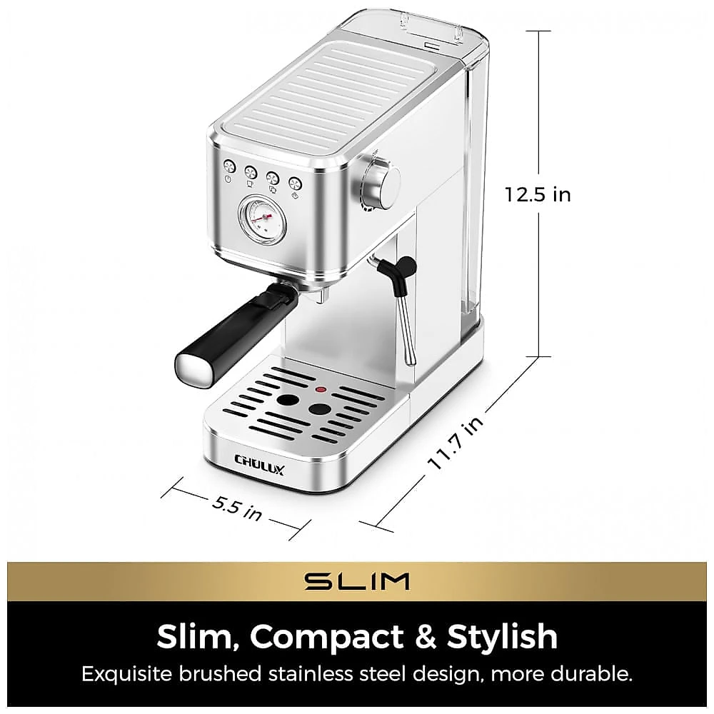 Máquina de Espresso 20 Bar, Vaporizador Profissional, Manômetro, Compacta, CHULUX, Inox, Prata, 110V