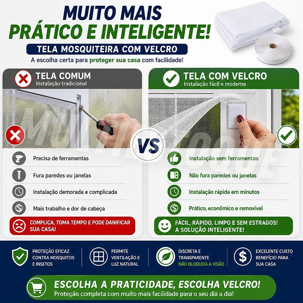 Tela Mosquiteira com Velcro 105x125cm Protecao para Janelas e Portas Vida Pratika