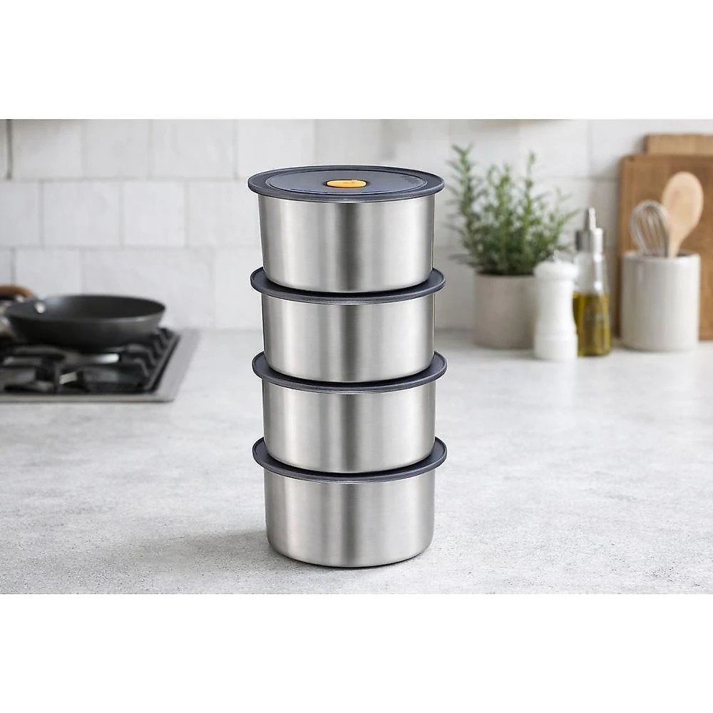 Conjunto 4 Potes Herméticos Redondos 450ML Aço Inoxidável Vedação para Alimentos Prata Carisma