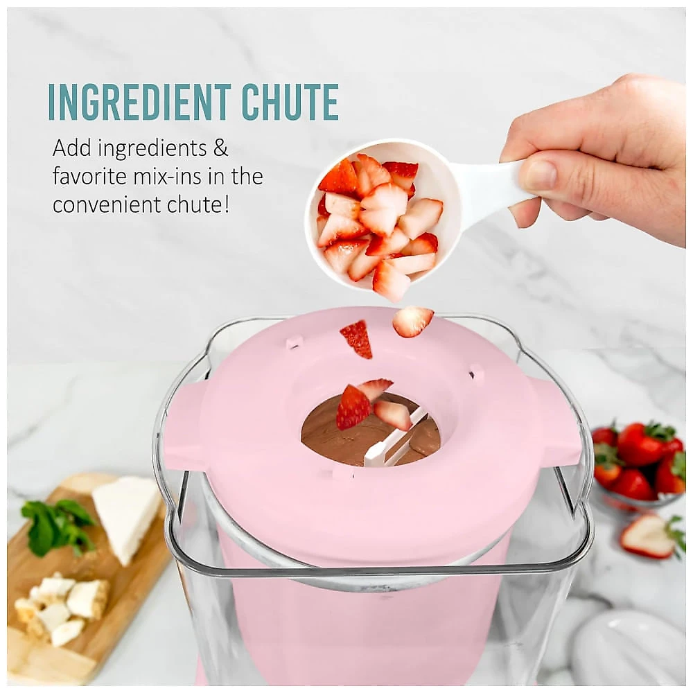 Sorveteira Elétrica Nostalgia Rosa Inox 1,89L Cuba Gel Dupla Isolação Base Aço Inoxidável Automática 120V