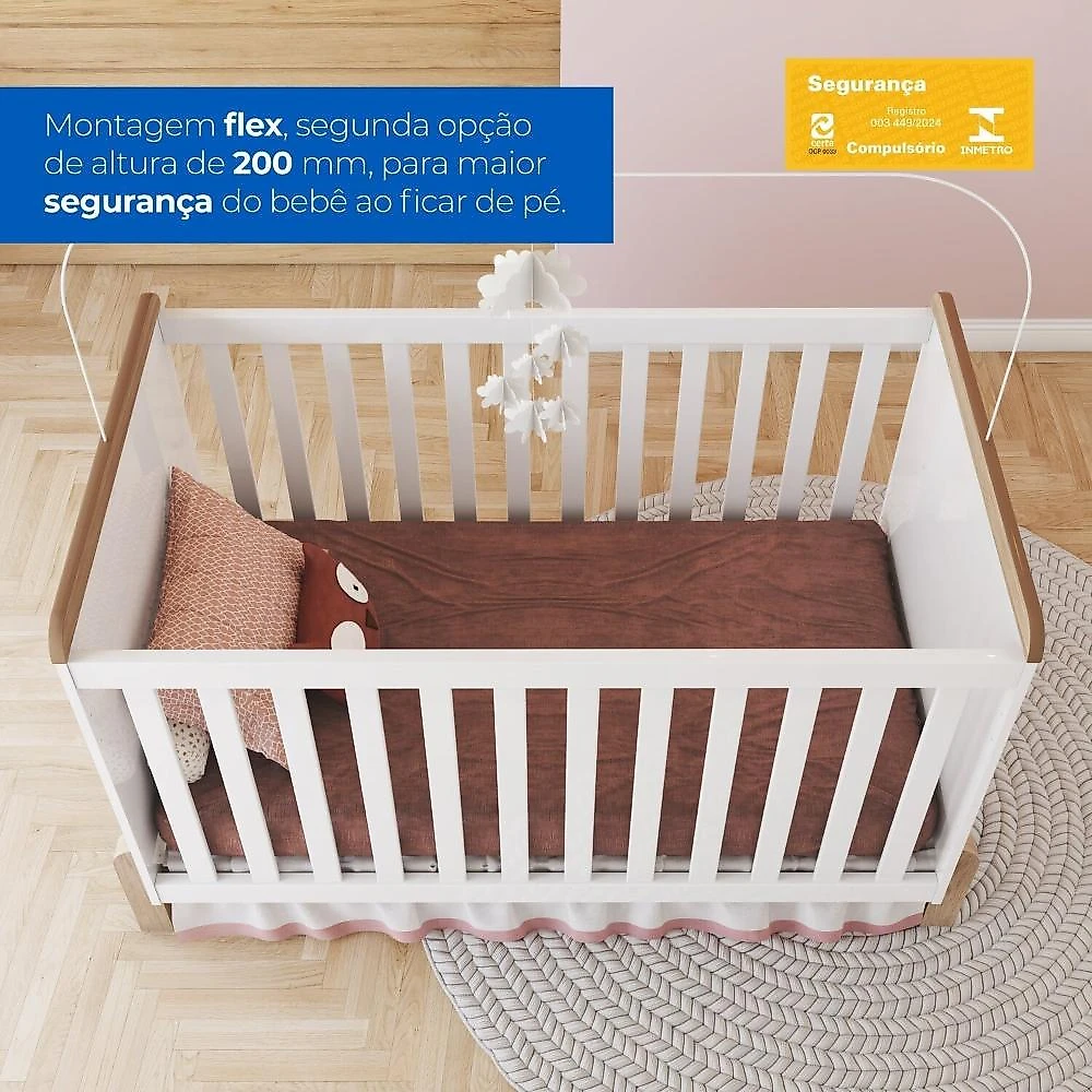 Conjunto Quarto de Bebê Berço 2 em 1 e Guarda-Roupa Yuri Branco/Jequitibá HP