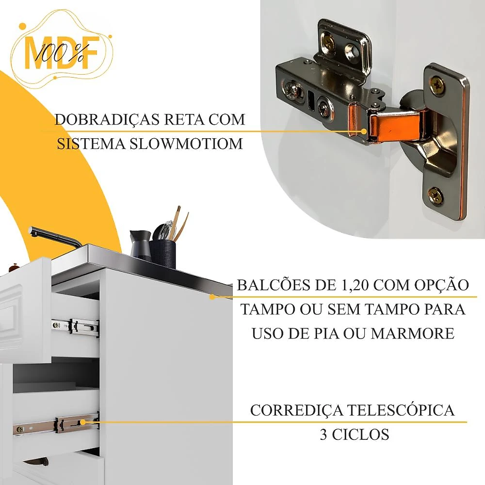 Cozinha Modulada Completa Americana 100% MDF 280cm com Rodapé Provence Multimóveis CRINK-CPL012 Branco