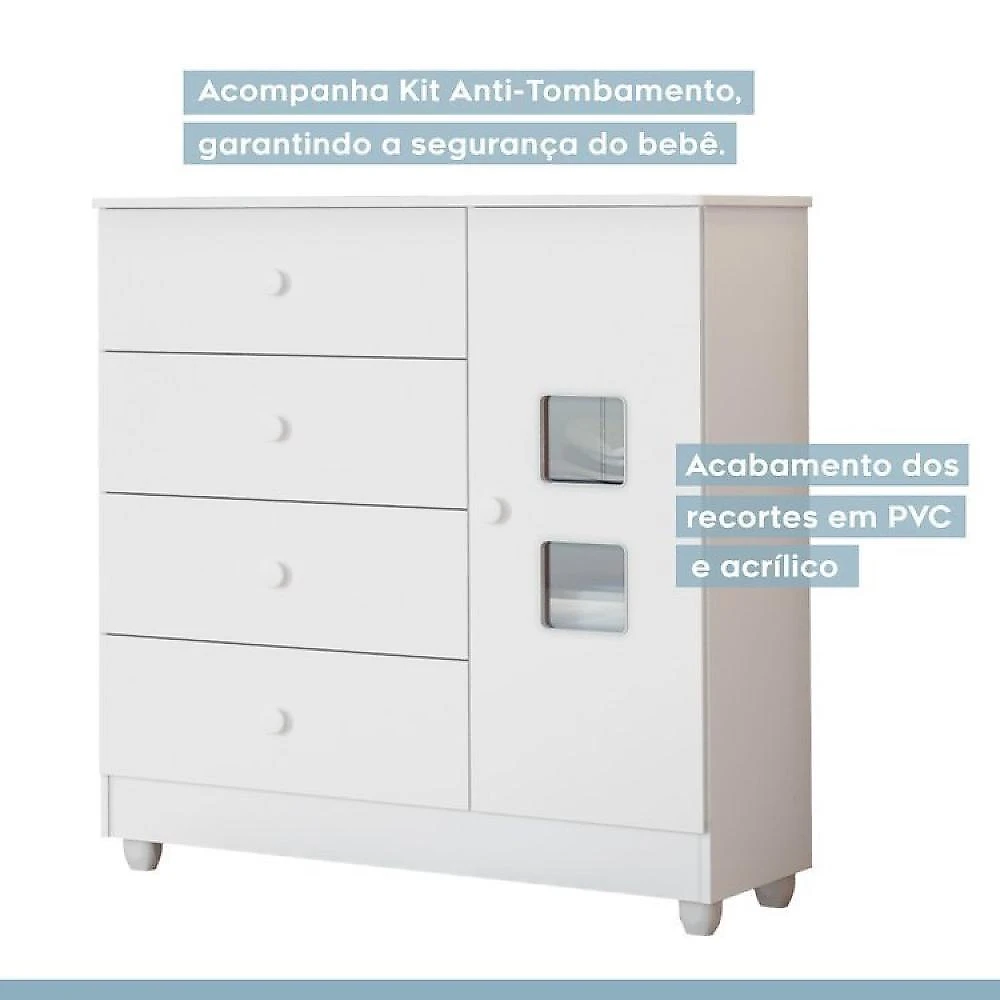 Quarto de Bebê com Berço com Suporte, Cômoda 1 Porta 4 Gavetas Life e Roupeiro 3 Portas 2 Gavetas Branco