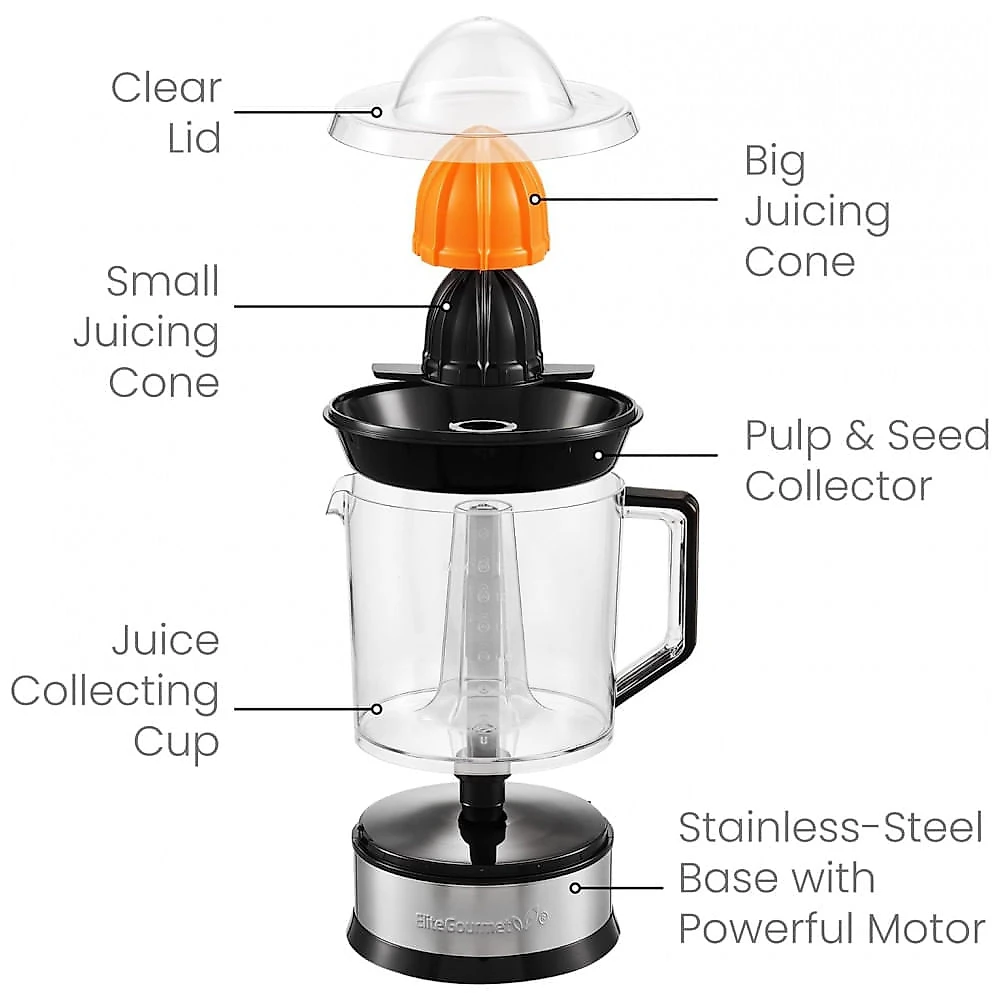 Extrator de Suco de Citrus Elite Gourmet ETS740 Livre de BPA com 2 Cones, Compacto, Alta Capacidade, Controle de Polpa, Laranjas, Limões, Limas,