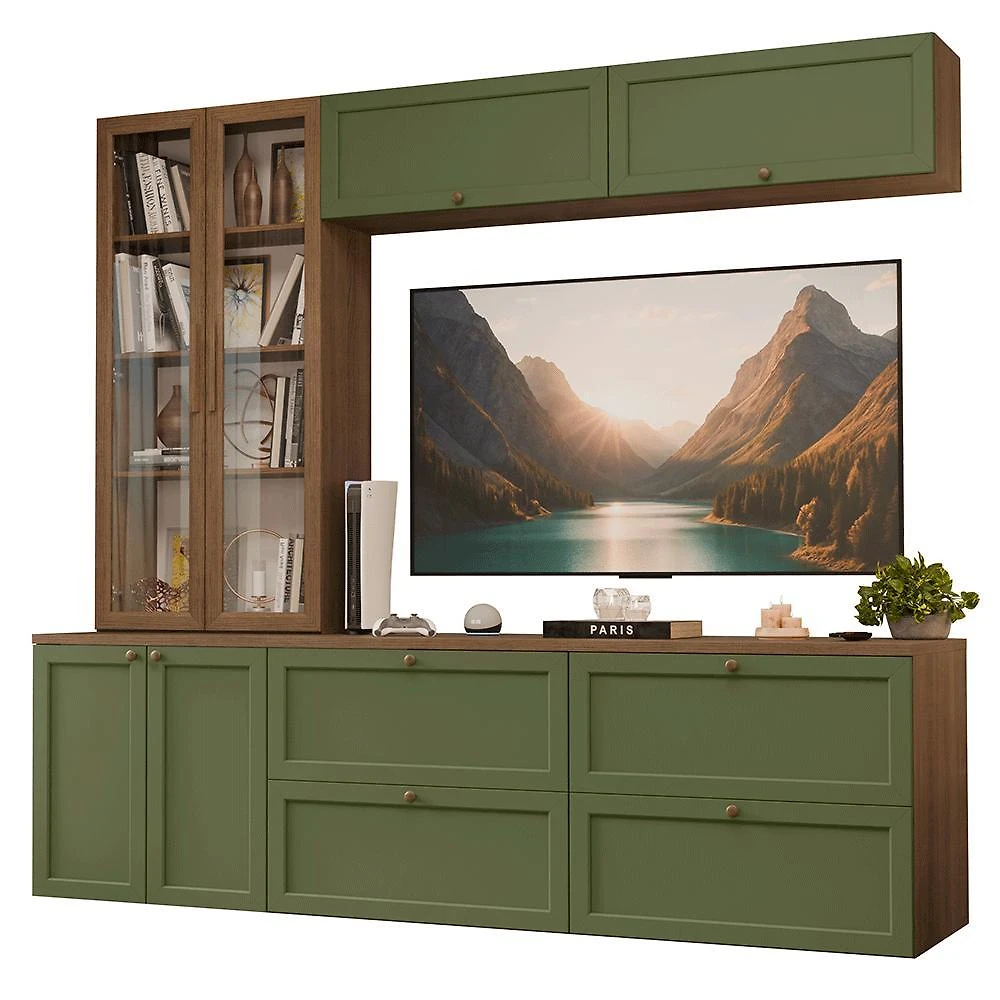 Estante sala de estar com rack + cristaleira 230cm rustic/verde/rustic vik madesa 02