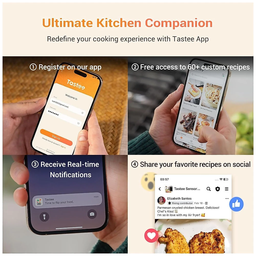 Fritadeira Elétrica Cerâmica Tastee, 8 em 1 5,2L, Desidratador 232°C com Sonda Inteligente, 24 Receitas, App com Receitas