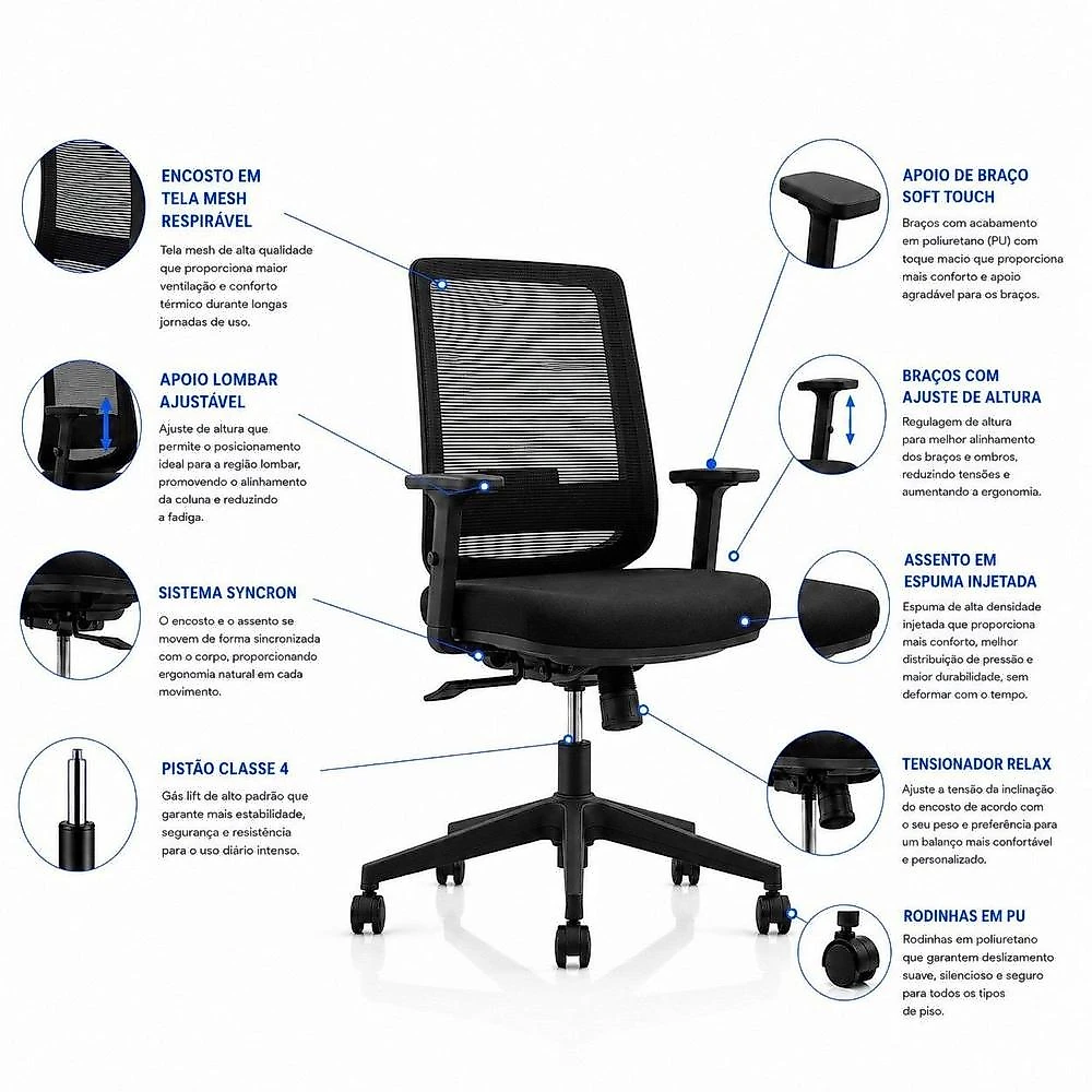 Conjunto Mesa de Escritório 140x60cm + Cadeira Ergonômica Reclinável Sistema Syncron Pistão Classe 4