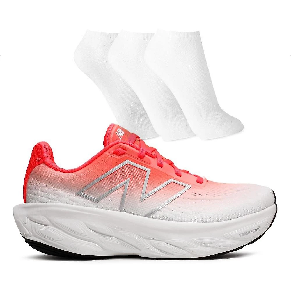 Tênis New Balance 1080 V14 Feminino + 3 Pares de Meias Branco / Coral - 34