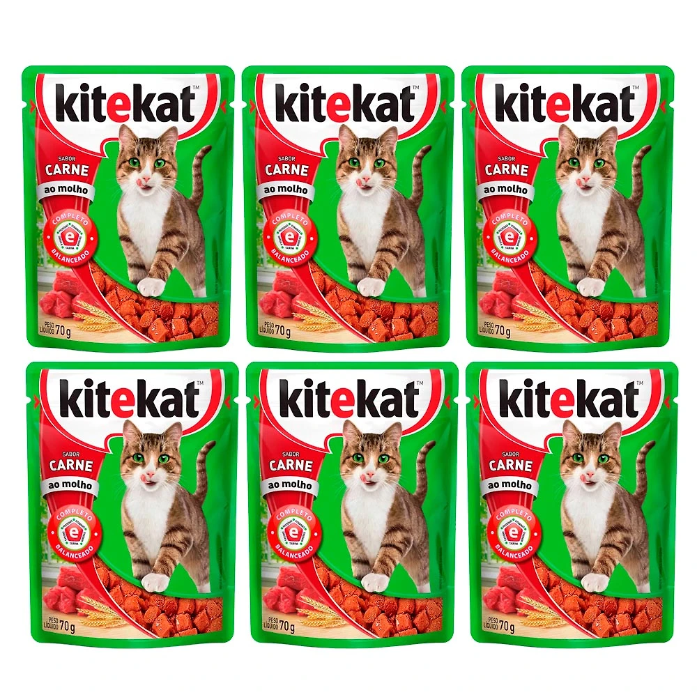 Kit 6 Ração para Gatos KiteKat Adulto Sabor Carne 70g