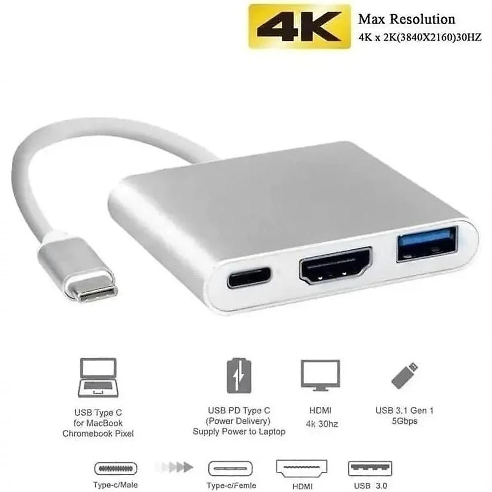 Adaptador Eleva Sua 3 em 1 HDMI 4K USB 3.0 e Power Delivery Liga Metálica