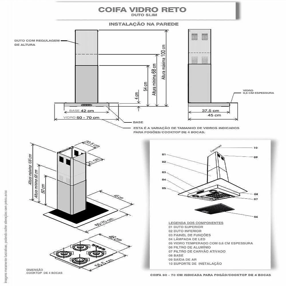 Coifa De Parede 70cm Vidro Reto Duto Slim Fogatti Inox 220V