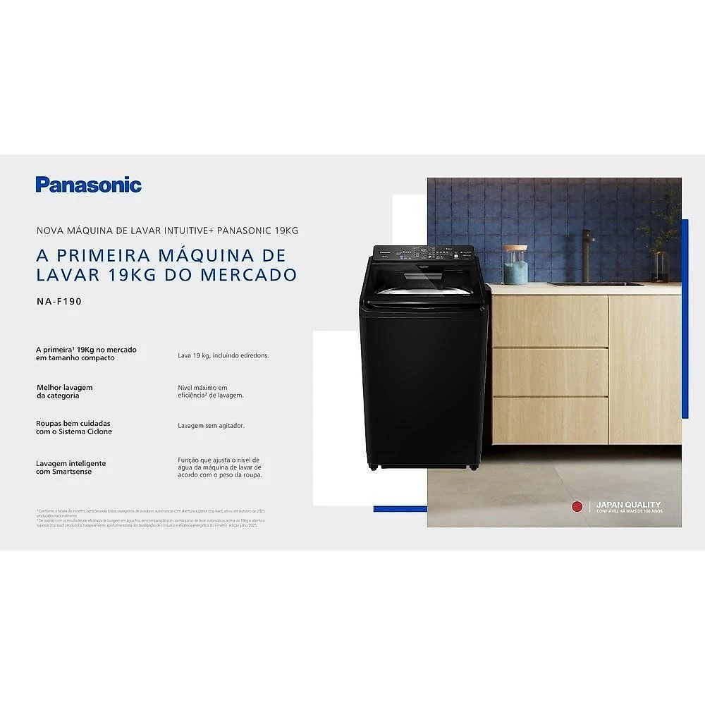 Máquina De Lavar Panasonic 19kg Com 10 Programas De Lavagem E Smartsense Preta NA-F190G1BA 110V