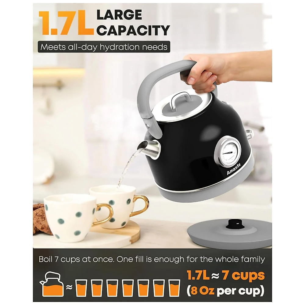 Chaleira Elétrica Amaste 1,7L Inox Preta, Termômetro Retrô, 1500W, Proteção Antisseco, Tampa Removível, BT-K15FT 110V
