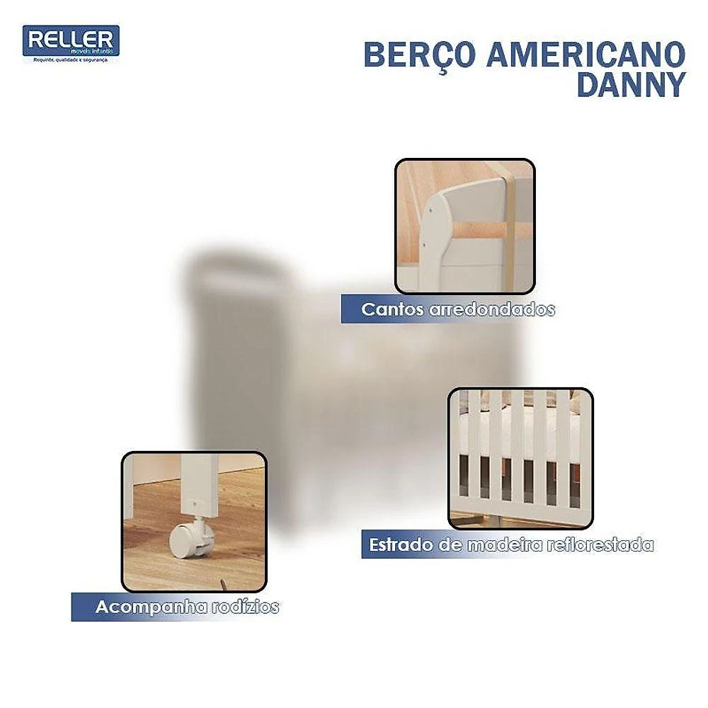 Kit Berço Americano Danny com Colchão e Guarda Roupa 4 Portas MDF 148cm Areia Acetinado Amadeirado