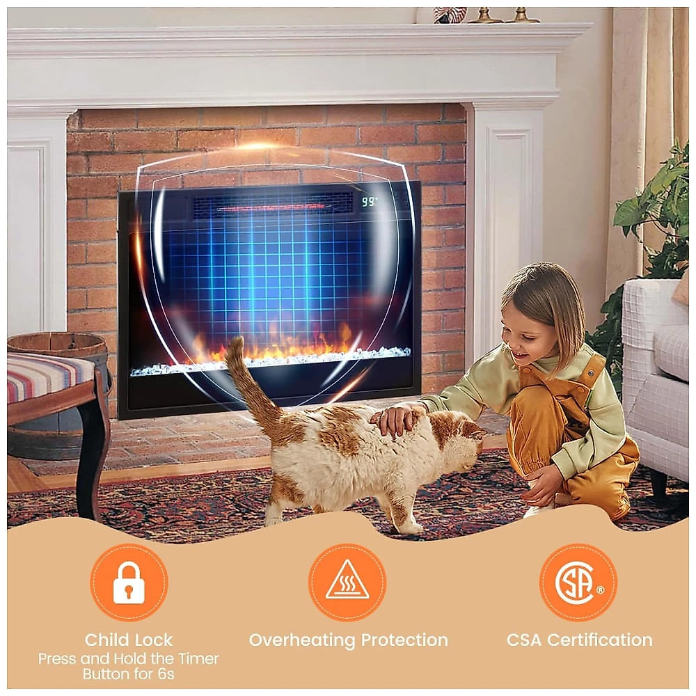Lareira Elétrica de Embutir A45x63L cm com 6 Cores de Chama, 5 Opções de Brilho, Temporizador de 8H, Proteção Contra Superaquecimento e Controle 110v