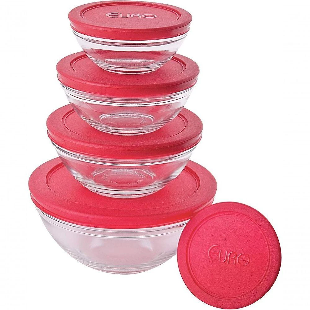 Conjunto de Potes de Vidro Euro Home Redondos com Tampa Plástica para Alimentos Vermelho 5 Peças