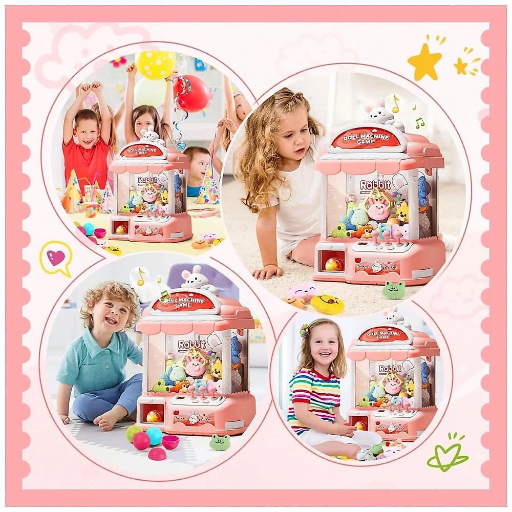 Máquina de Garra Rosa MIAOKE Large Claw Machine – Mini Arcade Infantil com 30 Prêmios, 24 Moedas, Luzes LED e Som Ajustável