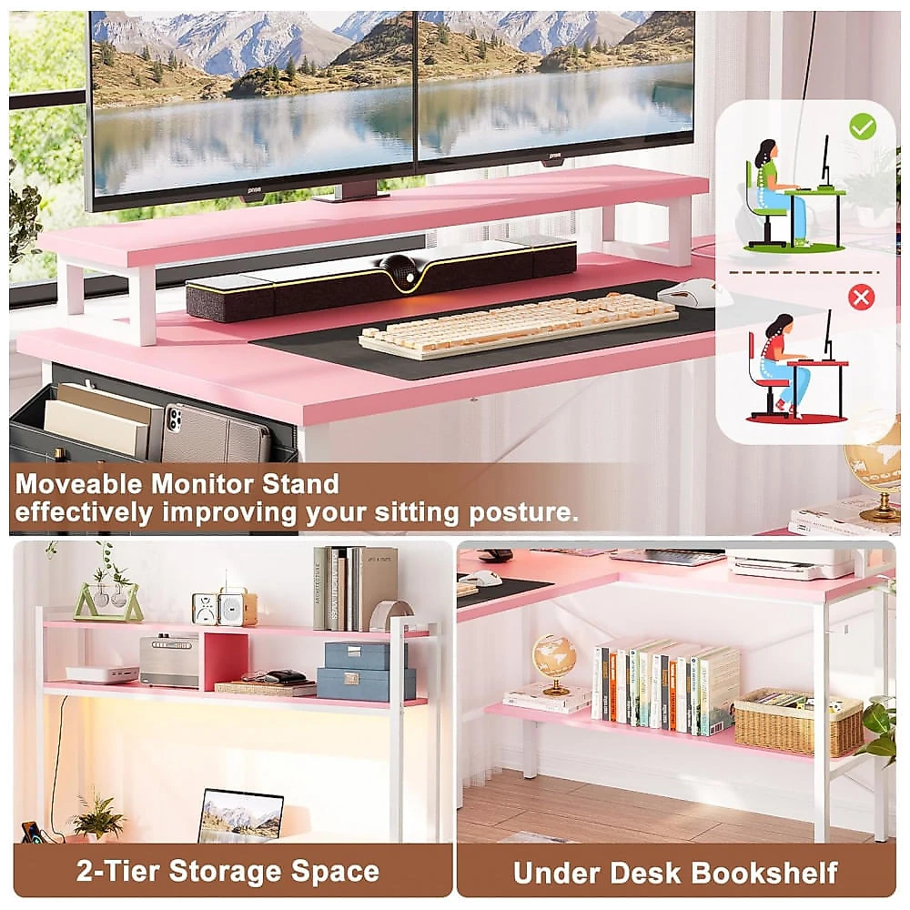Mesa Gamer em L Aheaplus Rosa com Tomadas Elétricas, Luzes LED, Suporte para Monitor e Prateleiras, 48 polegadas (121 cm)