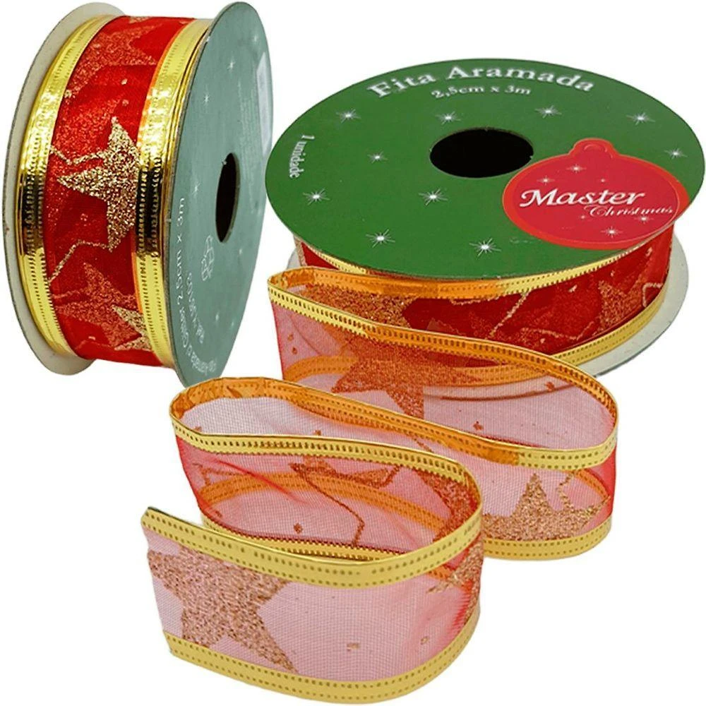 Kit 4 Rolos Fita Aramada Natalina para Artesanato Decoração e Embalagens com Estrelas Gliter