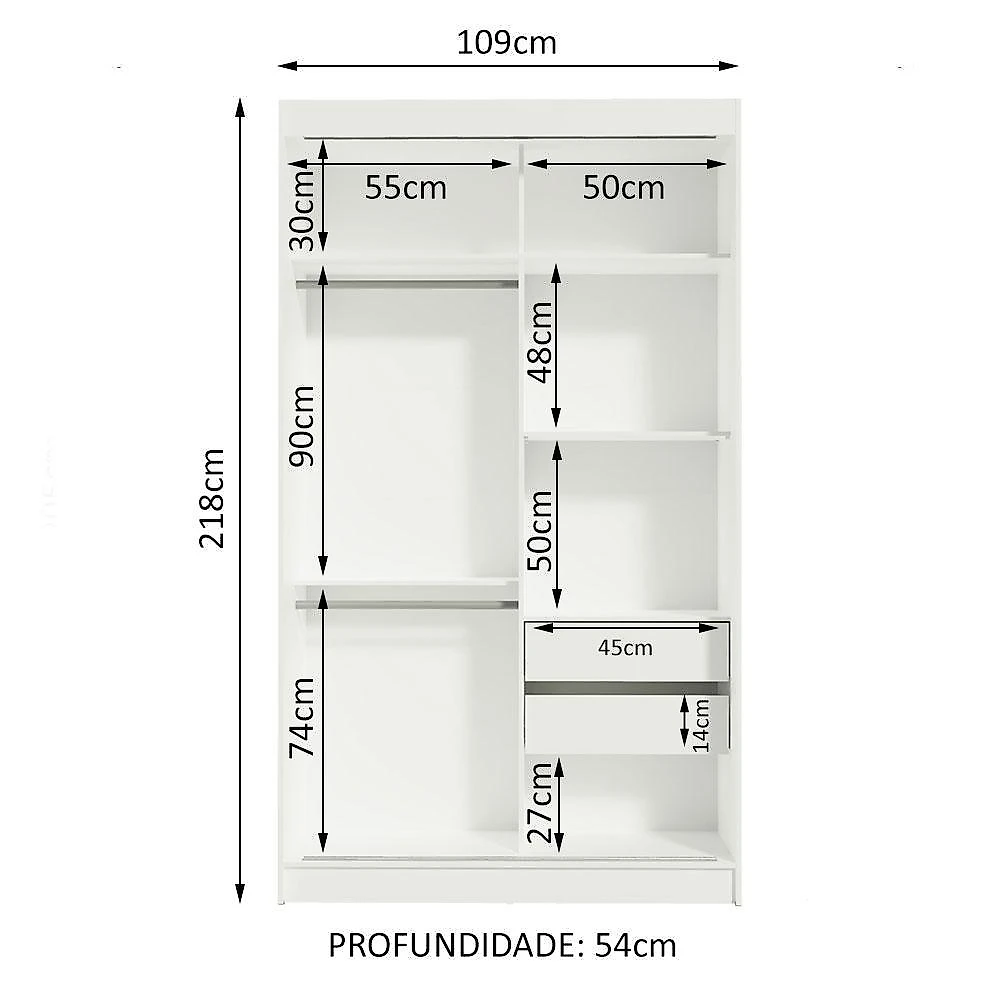 Guarda-roupa solteiro madesa tokio 2 portas de correr de espelho 2 gavetas - branco/preto