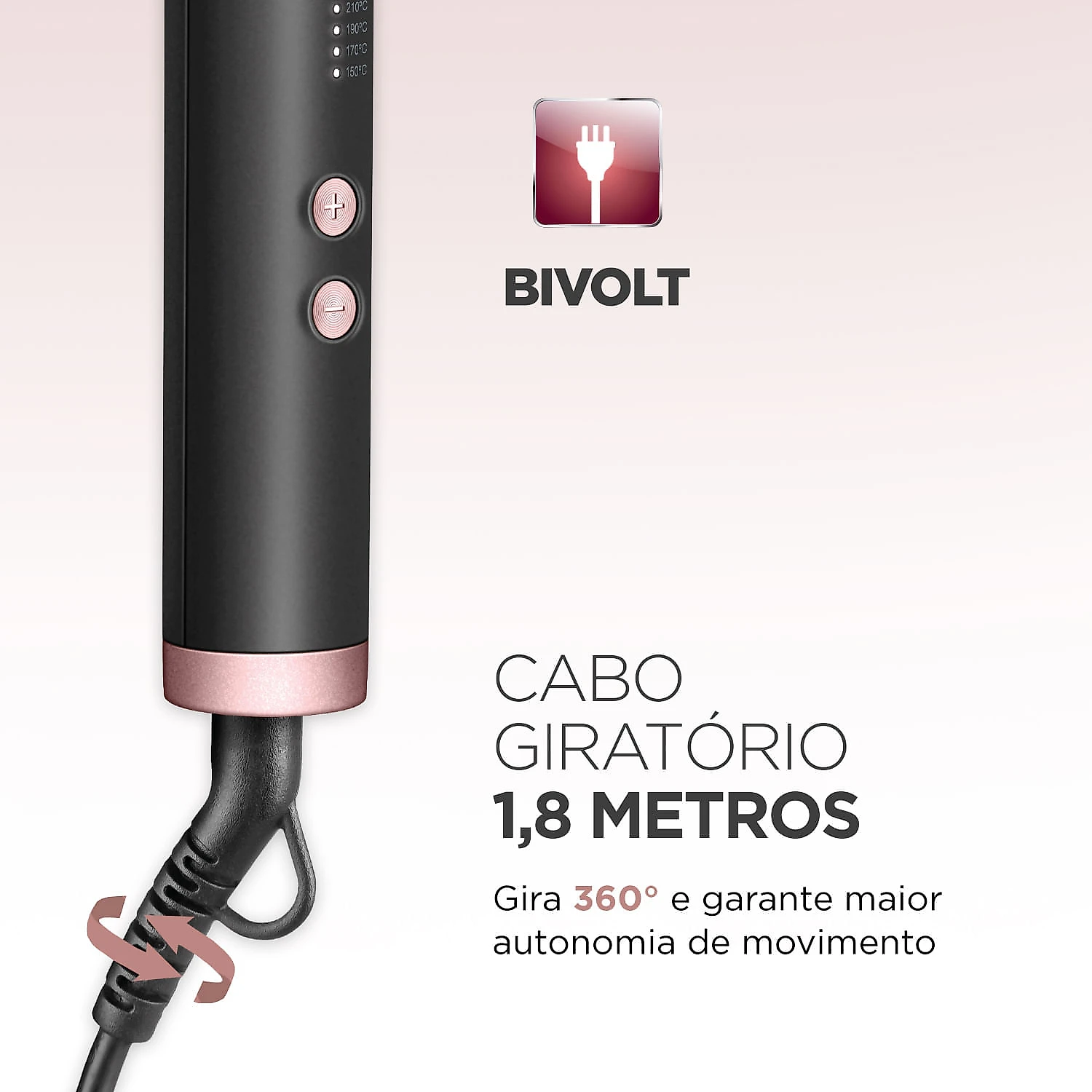 Escova Alisadora Black Rose Mondial Preto/Rose -EA-07 ESCOVA ALISADORA EA-07 BIVOLT