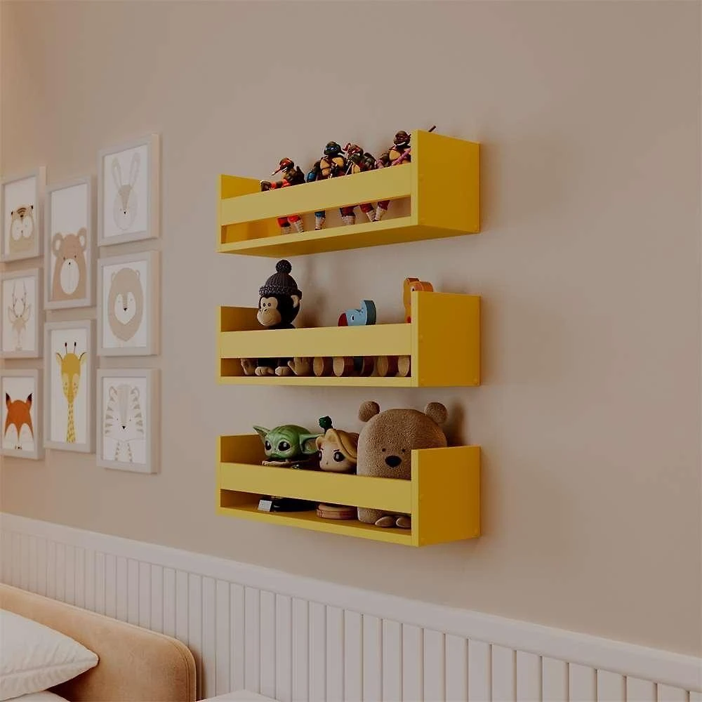 Prateleira Kit 3 Porta Brinquedos 70X12CM MDF Suporte Invisível Organizador Sala Amarelo Mercado