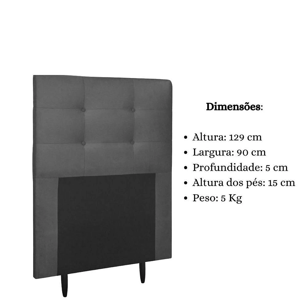 Cabeceira Estofada Cama Box Solteiro 90 Cm Lorena Suede Suede Cinza