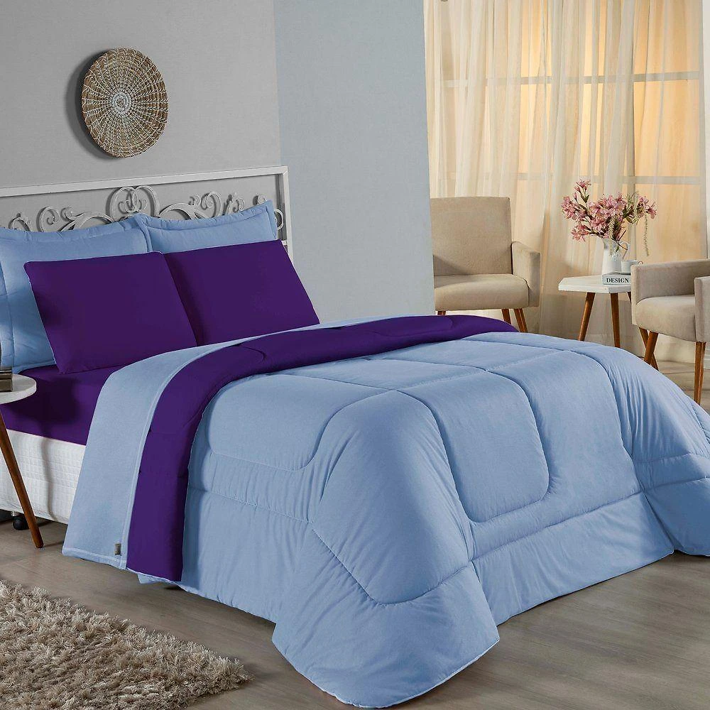 Edredom Queen Nobre 1 Peça Dupla Face 2,20m X 2,40m Malha 100% Algodão - Azul-bebê / Roxo