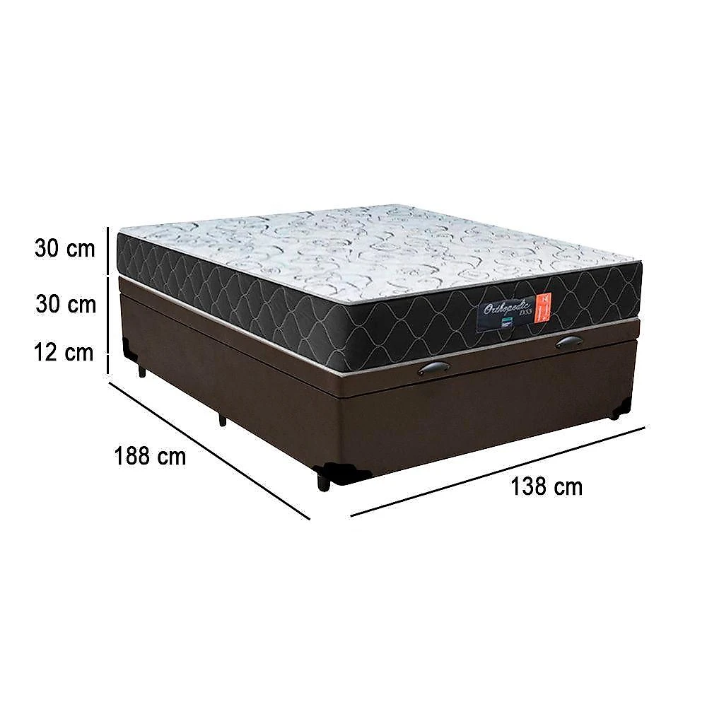Cama Box Baú Casal + Colchão Semi Ortopédico Extra Firme Espuma D33 Prime Colchões 138x188x72 Marrom