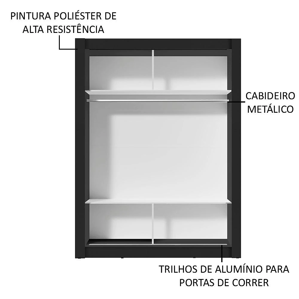 Guarda-Roupa Solteiro Madesa Denver 2 Portas de Correr com Espelho - Preto Preto