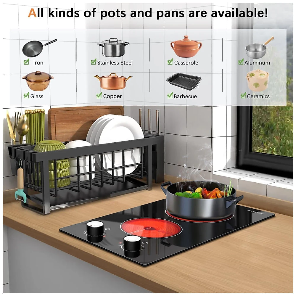 Cooktop Elétrico Karinear 2 Bocas 30cm: Controle de Botão, Cerâmica Embutida, 9 Níveis de Aquecimento, Alerta de Calor, Segurança.