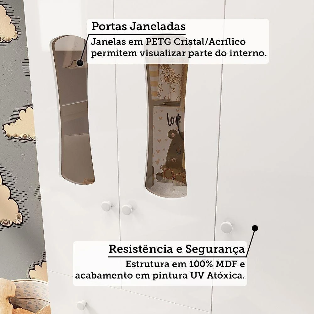 Quarto Infantil com Guarda Roupas 3 Portas e Cômoda com Janelas 100% Mdf Lana Espresso Móveis Branco Brilho