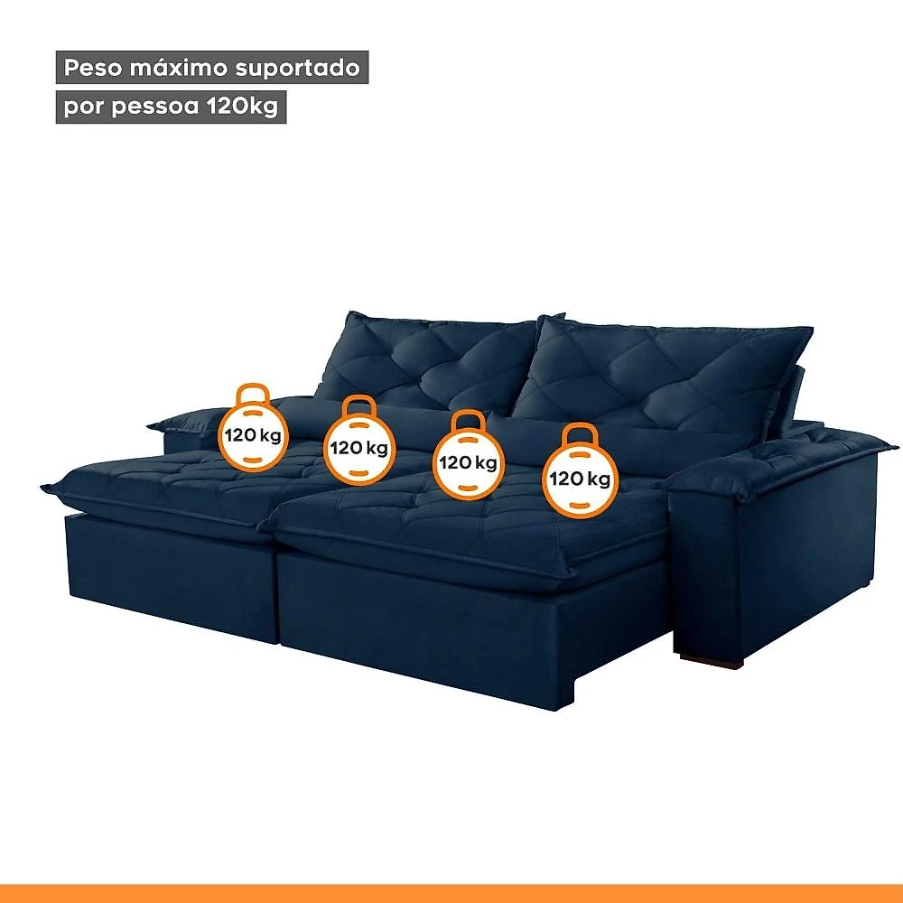 Sofá Retrátil e Reclinável 4 Lugares 220cm Diamond Super Pillow Montano Estofados Veludo Marinho