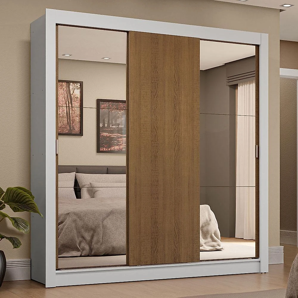 Guarda-roupa casal 3 portas de correr com espelhos 4 gavetas branco/rustic sublime plus madesa