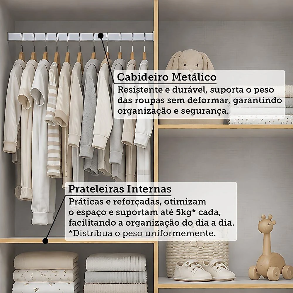 Quarto de Bebê Guarda-Roupa 4 Portas Cômoda e Berço Minicama 4 em 1 Levy 100% MDF Yescasa Amêndoa/Off White