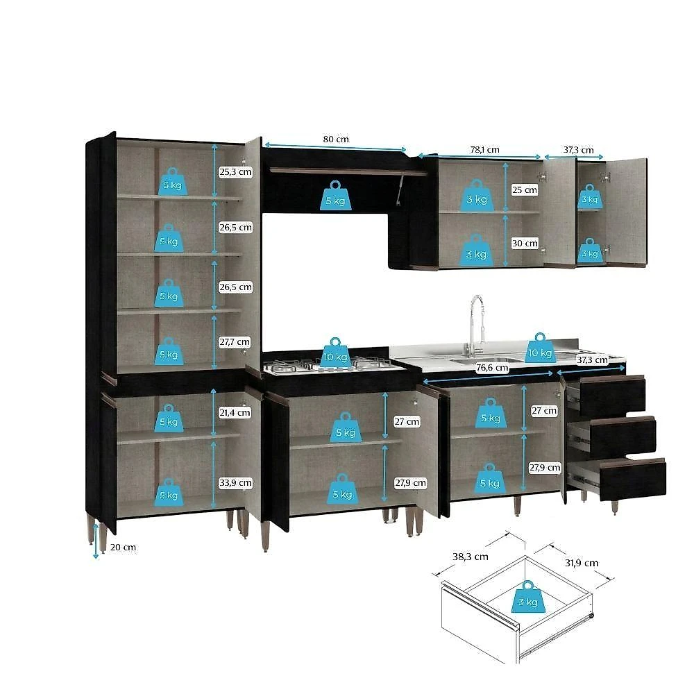Armário de Cozinha Milão 5 Portas 3 Gavetas MDP-MDF 280CM Preto