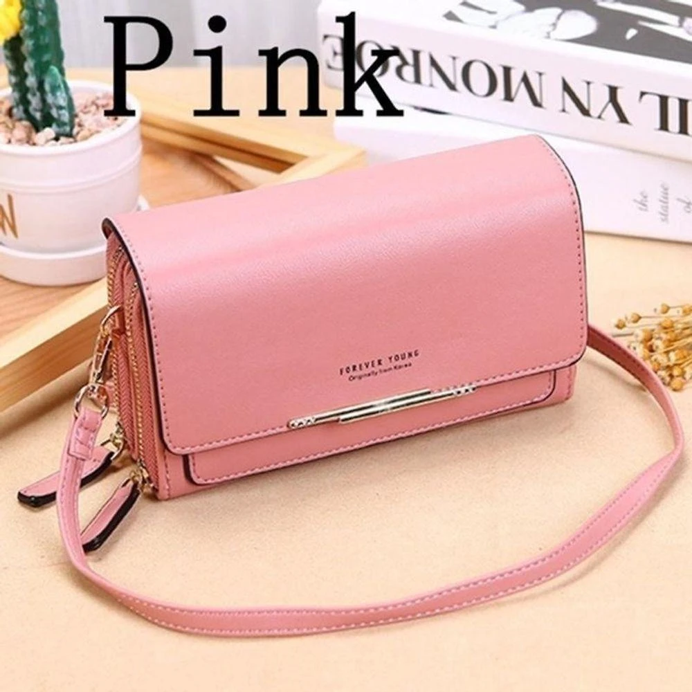Bolsa Carteira Feminina Transversal OEM em Couro PU Rosa com 3 Camadas Porta-Cartões e Telefone