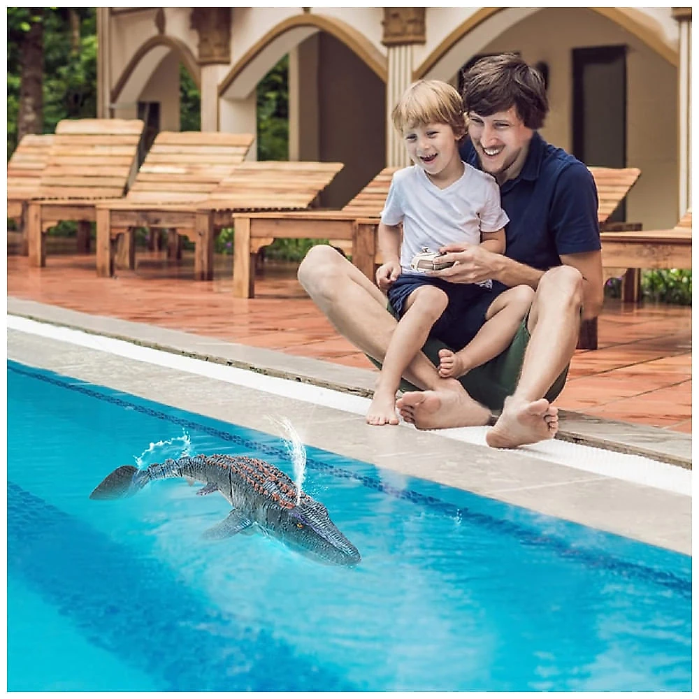 fromeasy Mosasaurus RC: Dinossauro Controle Remoto com Luz e Spray de Água para Piscina e Banho