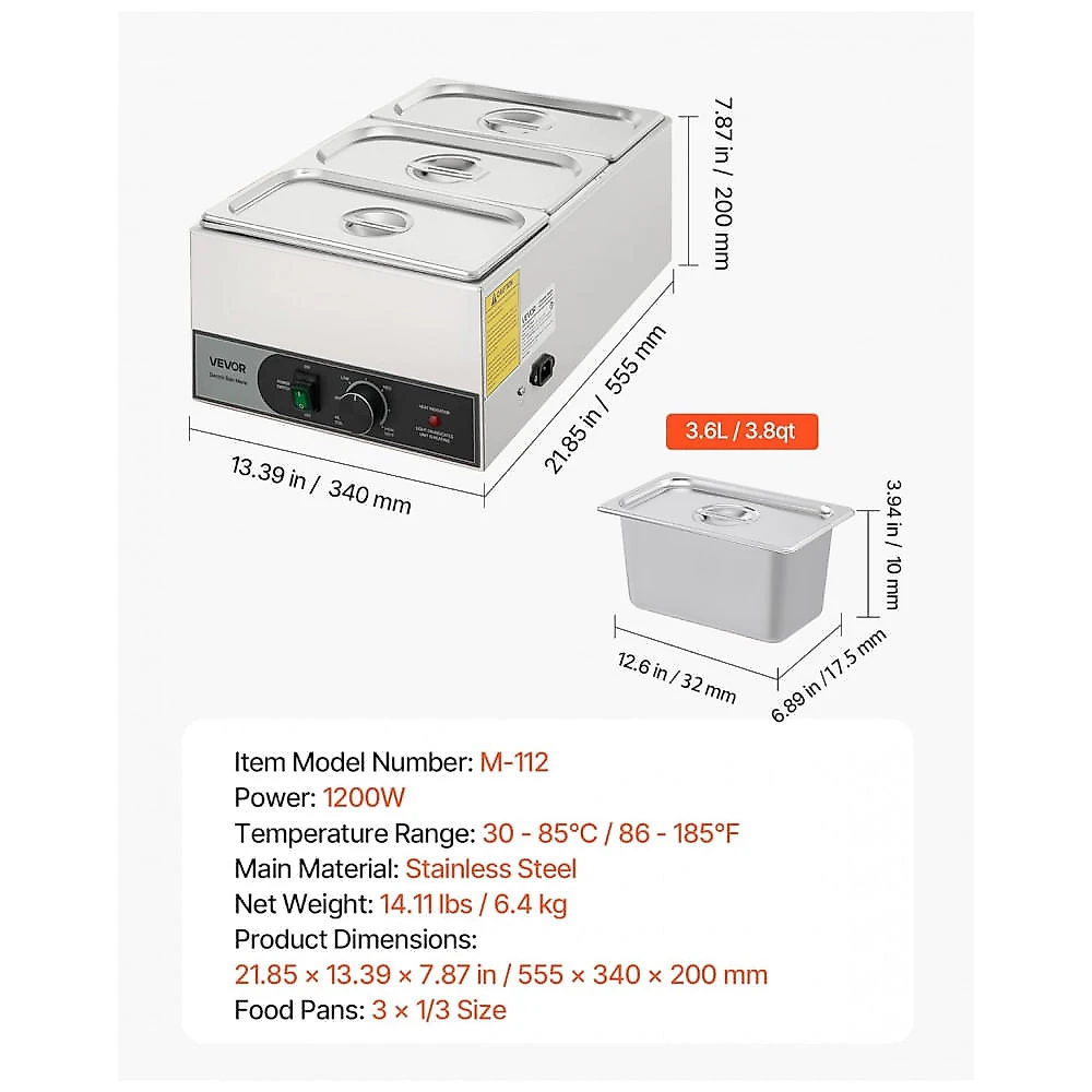 Aquecedor de Alimentos a Vapor VEVOR M-112 Inox 1200W 3 Cubas Buffet Banho-Maria 110V