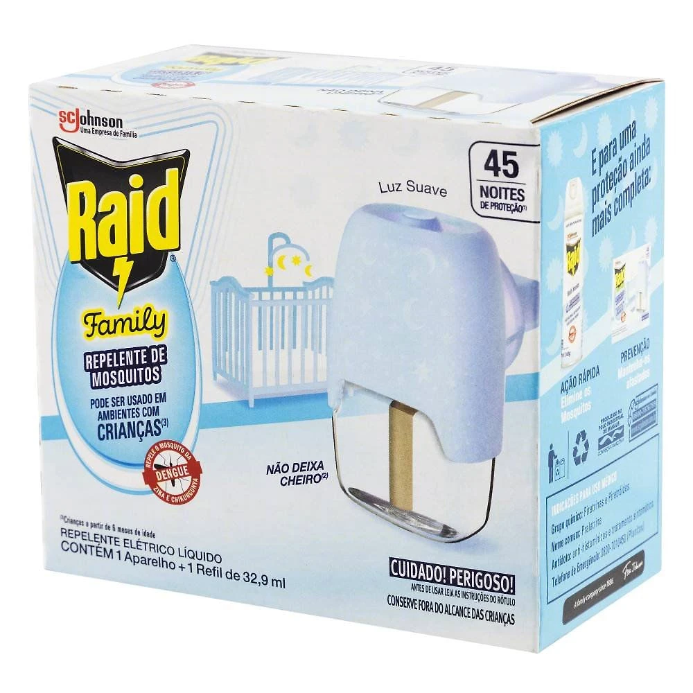 Repelente Elétrico Líquido Raid Family 45 Noites Aparelho 32.9ml