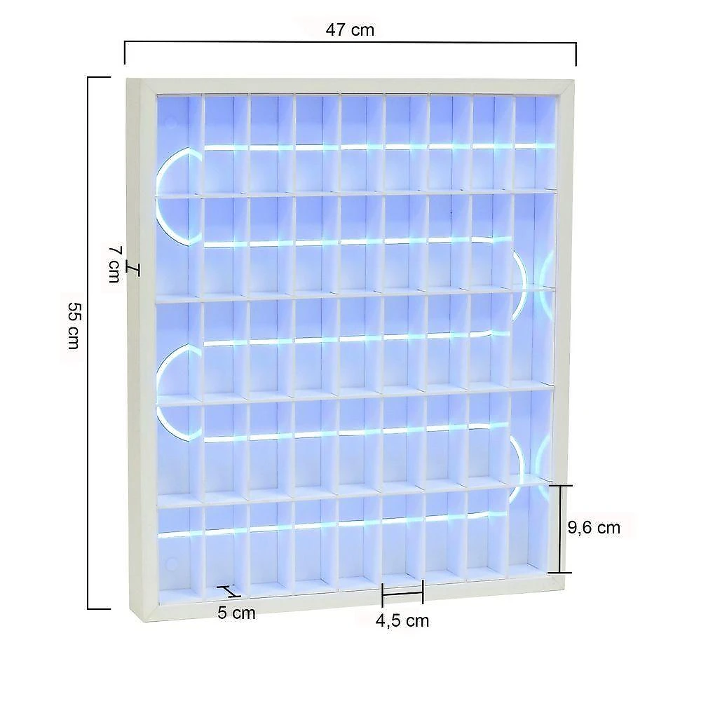 Prateleira para Esmaltes Roma Retangular MDF Fixação Parafuso LED Neon Azul Organizador Branco