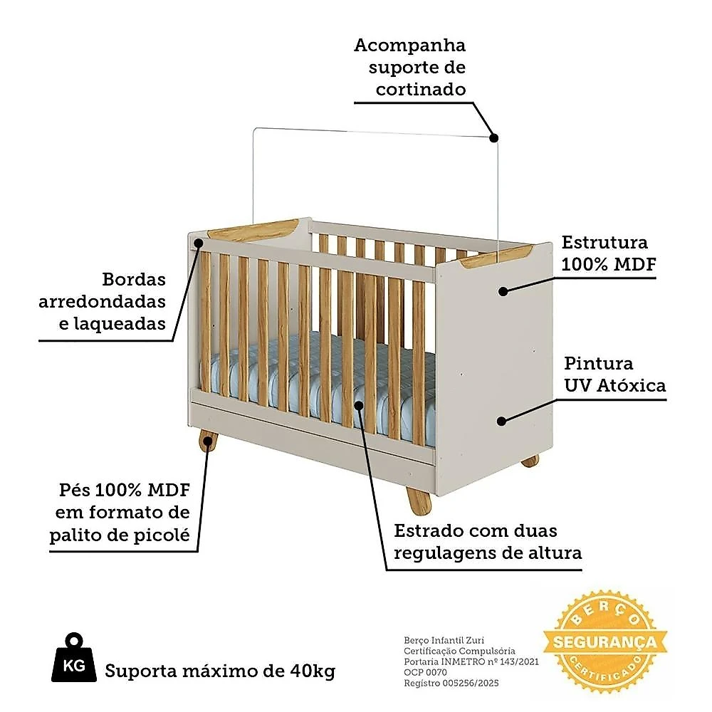 Quarto de Bebê Guarda-Roupa 4 Portas Cômoda e Berço Minicama 4 em 1 Levy 100% MDF Yescasa Amêndoa/Off White