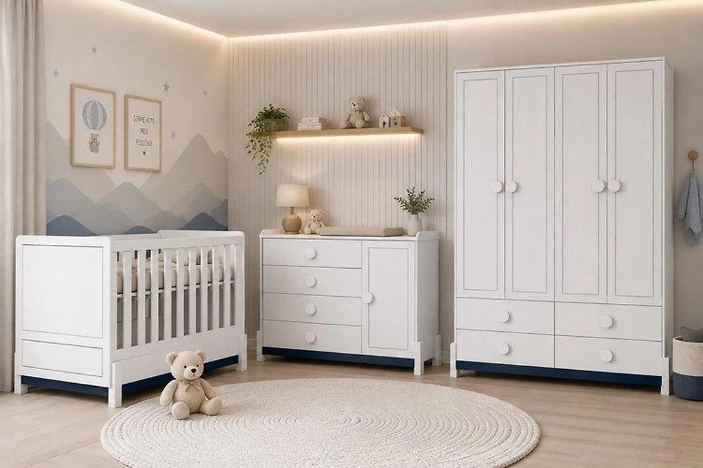 Quarto de Bebê Completo Armário 4PTS , Comoda com Pt e Berço 2 em 1 em MDF Linha Luna Neve/Azul Petroleo
