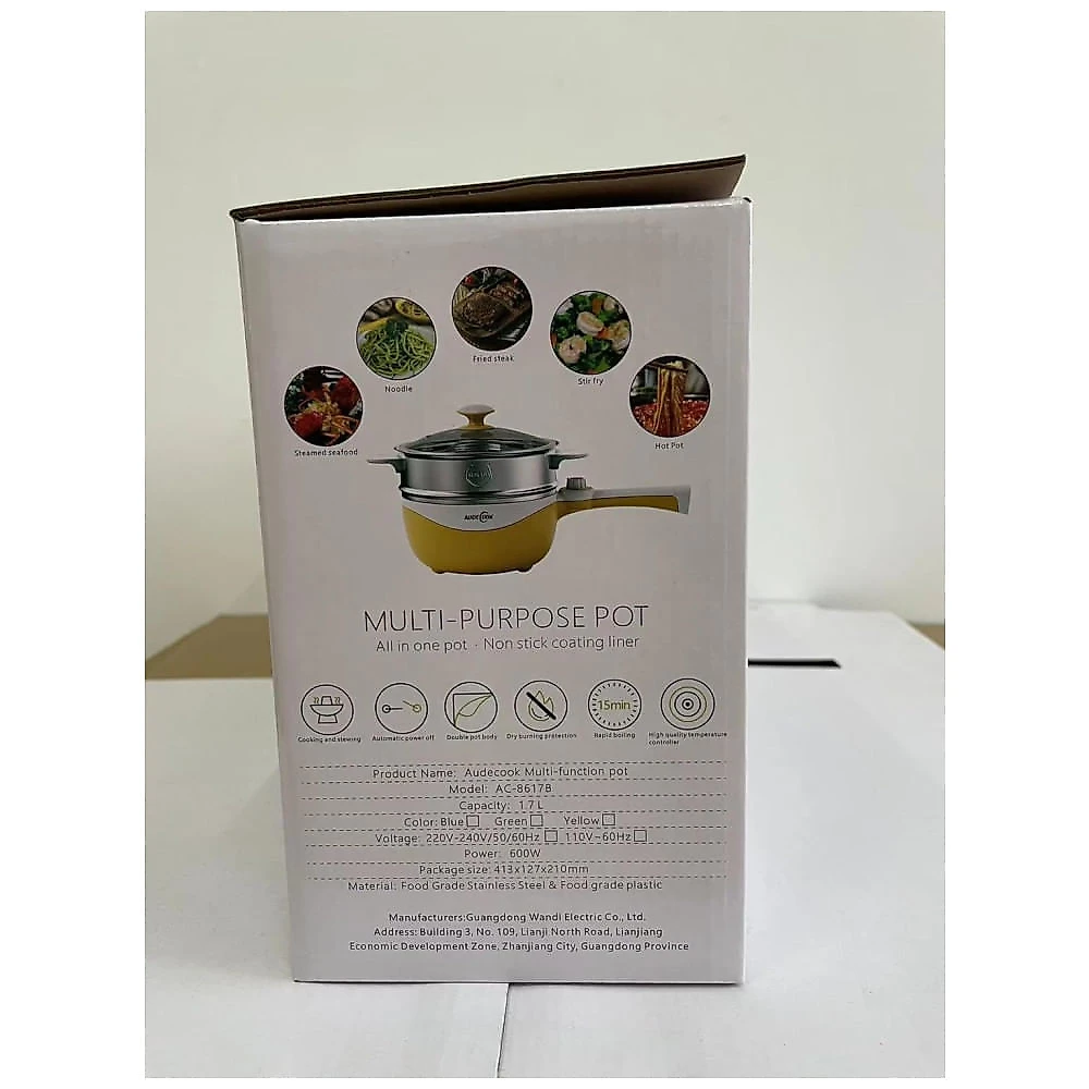Panela Elétrica Mini Audecook Hot Pot - 1,7L, Frigideira Portátil Antiaderente, Potência Ajustável, Cozimento Rápido de Macarrão em Viagens