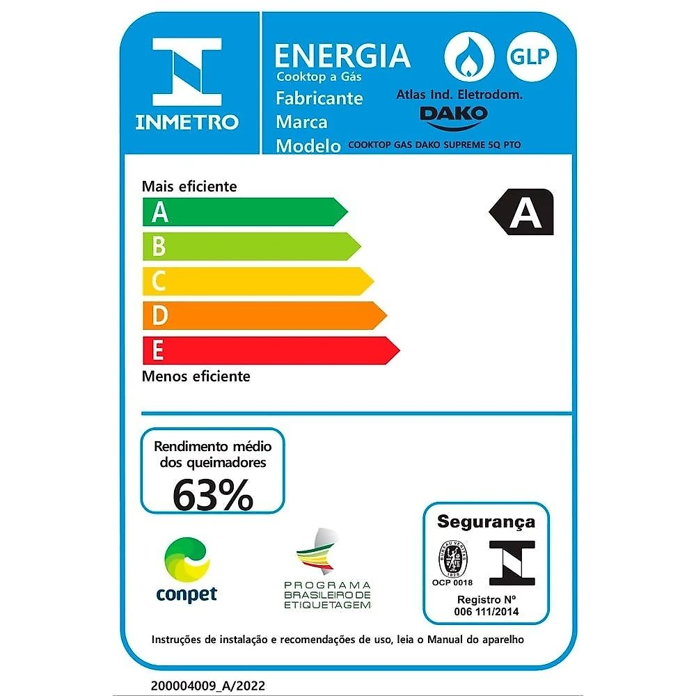 Cooktop 5 Bocas Dako Supreme Acendimento Superautomático, Preto Bivolt
