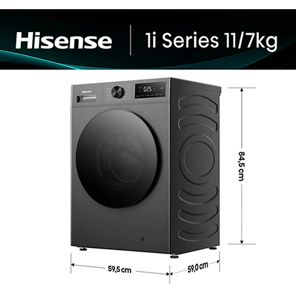 Lava e Seca 11kg Hisense 1i Inverter, Capacidade de Secagem de 7kg, Compacta Fit e Função Steam, Titanium - WD1i1141BT 110