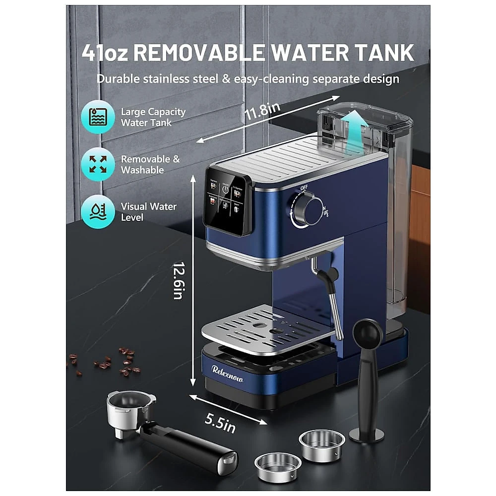 Cafeteira Espresso RELEXNOW Azul 20 Bar LCD 1,2L Vaporizador de Leite Café Quente e Gelado 110V